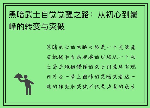 黑暗武士自觉觉醒之路：从初心到巅峰的转变与突破